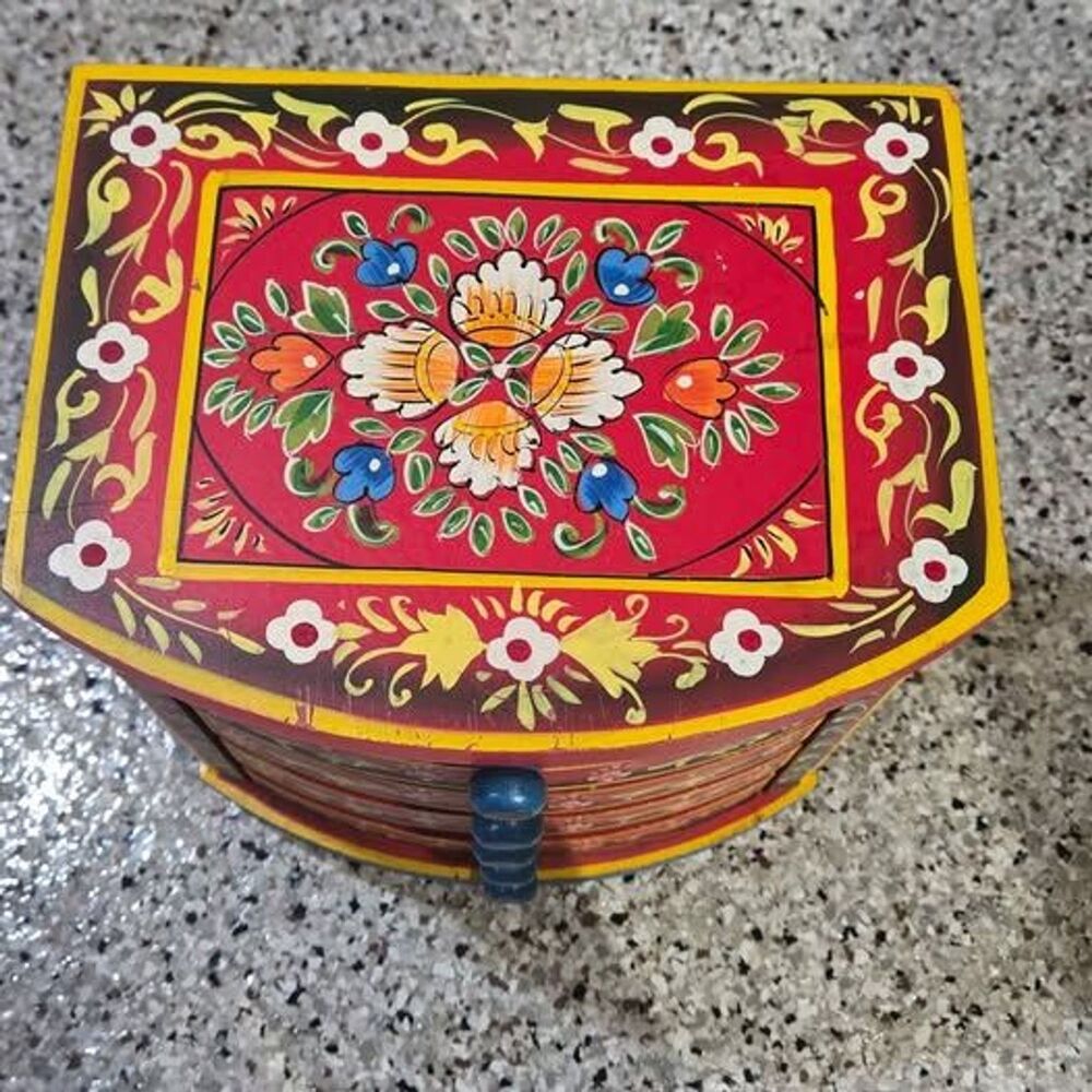 Vintage Indian Hand Painted Wooden Jewelry Chest 5 Drawer Rajasthani Folk Art 10 - Picture 9 of 10